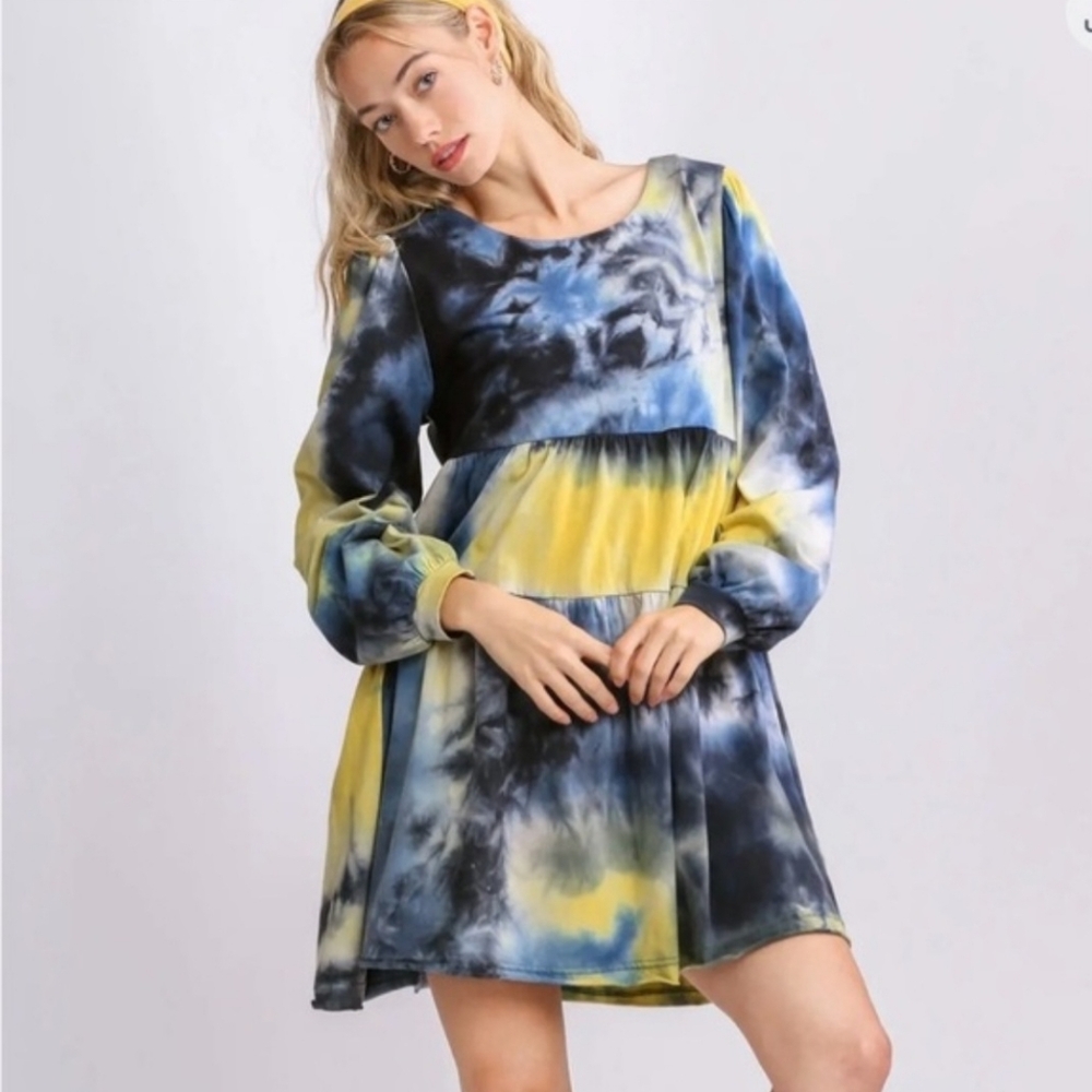 Umgee Tie-Dye Long Sleeve Babydoll Dress Boho Hippie Grunge